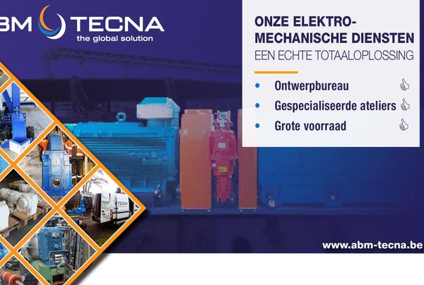 Elektromechanisch aanbod: ontwerpbureau, gespecialiseerde ateliers, grote voorraad; motor, rem en reductoren in mozaïek