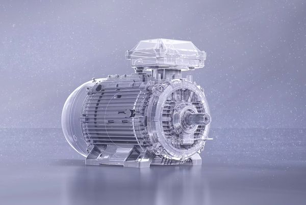 Moteur à sécurité accrue en rendu 3D translucide sur fond bleu-gris