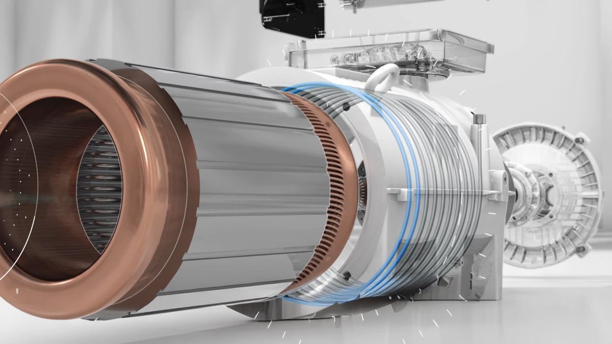 Vue éclatée d'un moteur ABB IE5 SynRM refroidi par liquide : chemise de refroidissement en cuivre et circuit bleu