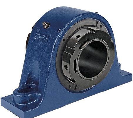 Palier ABM Bearing Series bleu en fonte, avec bague de serrage noire, sur semelle à deux trous de fixation