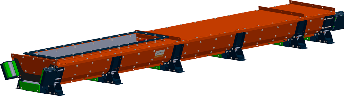 3D-weergave van de stofdichte transporteur Optim'Auge: oranje kast op steunen, met inspectieluik