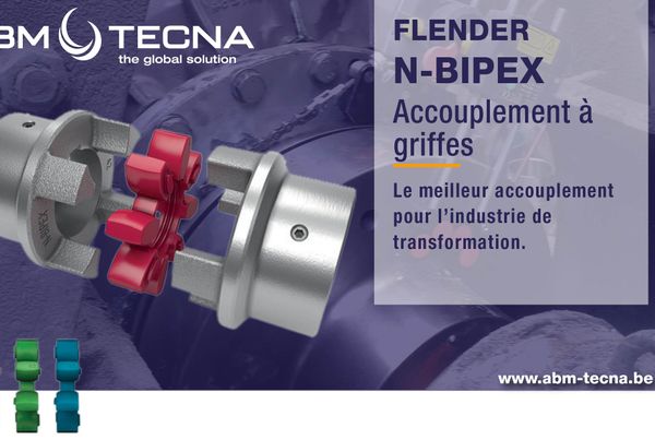 Accouplement à griffes Flender N-BIPEX éclaté avec son croisillon rouge, bannière ABM TECNA