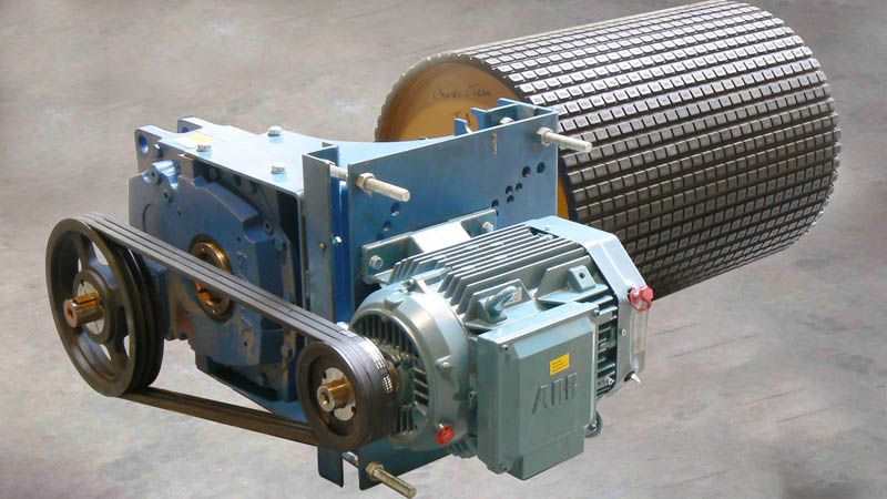 Groupe tambour, réducteur et moteur ABB avec transmission par courroie Colman Cuvelier
