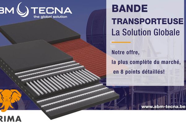 Affiche ABM TECNA : coupe d'une bande transporteuse PRIMA à câbles d'acier, « La solution globale en 8 points »