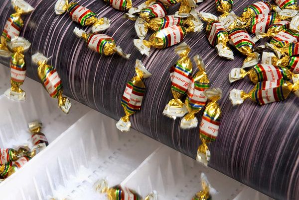 Bonbons emballés sur un rouleau de convoyeur au-dessus de bacs blancs, secteur agroalimentaire