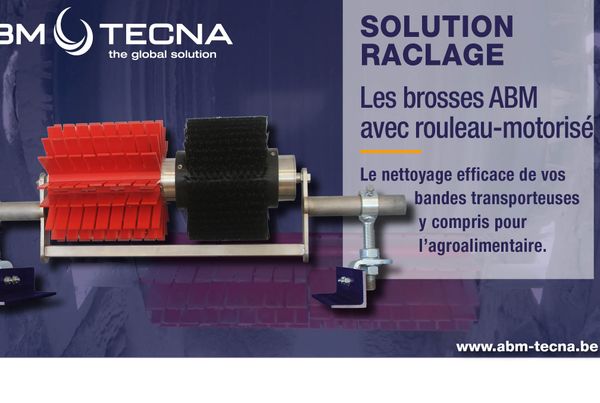 Solution raclage : brosse ABM à rouleau motorisé, lamelles rouges et brosse noire, pour bandes agroalimentaires