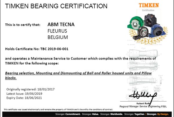 Certificat Timken Bearing Certification TBC 2019-06-001 attribué à ABM TECNA, Fleurus, valable jusqu'au 18/06/2021