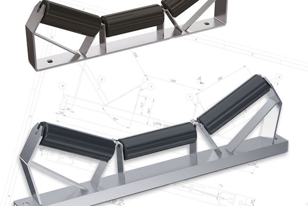 Supports de rouleaux en UPN et fer plat pour station à trois rouleaux, rendu 3D sur plan technique