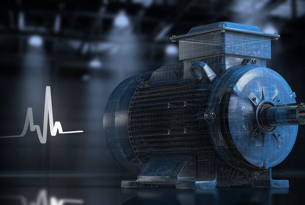 Moteur ABB General Performance en vue transparente bleutée, courbe de pulsation en arrière-plan