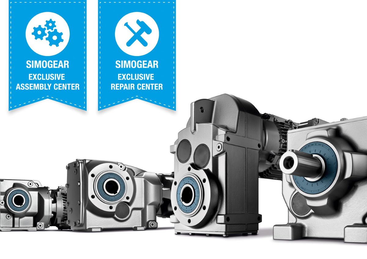 Assortiment SIMOGEAR-motorreductoren onder de badges Exclusive Assembly Center en Exclusive Repair Center