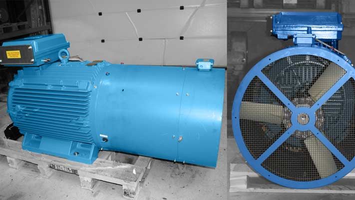 ABB-motor met geforceerde ventilatie: zijaanzicht en vooraanzicht met de ventilator achter een beschermrooster