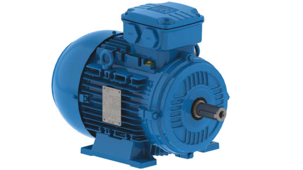 WEG W21-motor in aluminium, blauw, met klemmenkast en asuiteinde