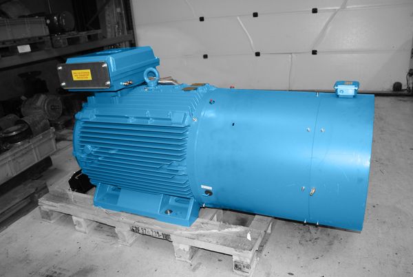 Moteur électrique bleu ABB avec carter cylindrique de ventilation forcée, posé sur une palette