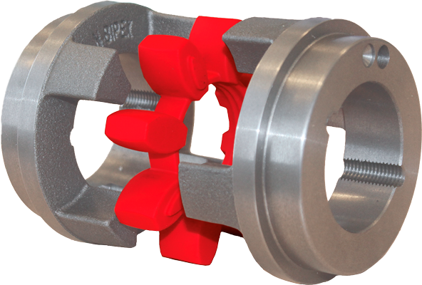 Elastische koppeling N-BIPEX met rode elastomeren klauwen, metalen naven met borgschroef
