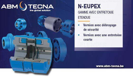 Accouplement N-EUPEX à entretoise étendue en coupe, bannière ABM TECNA : version à débrayage de sécurité ou entretoise courte