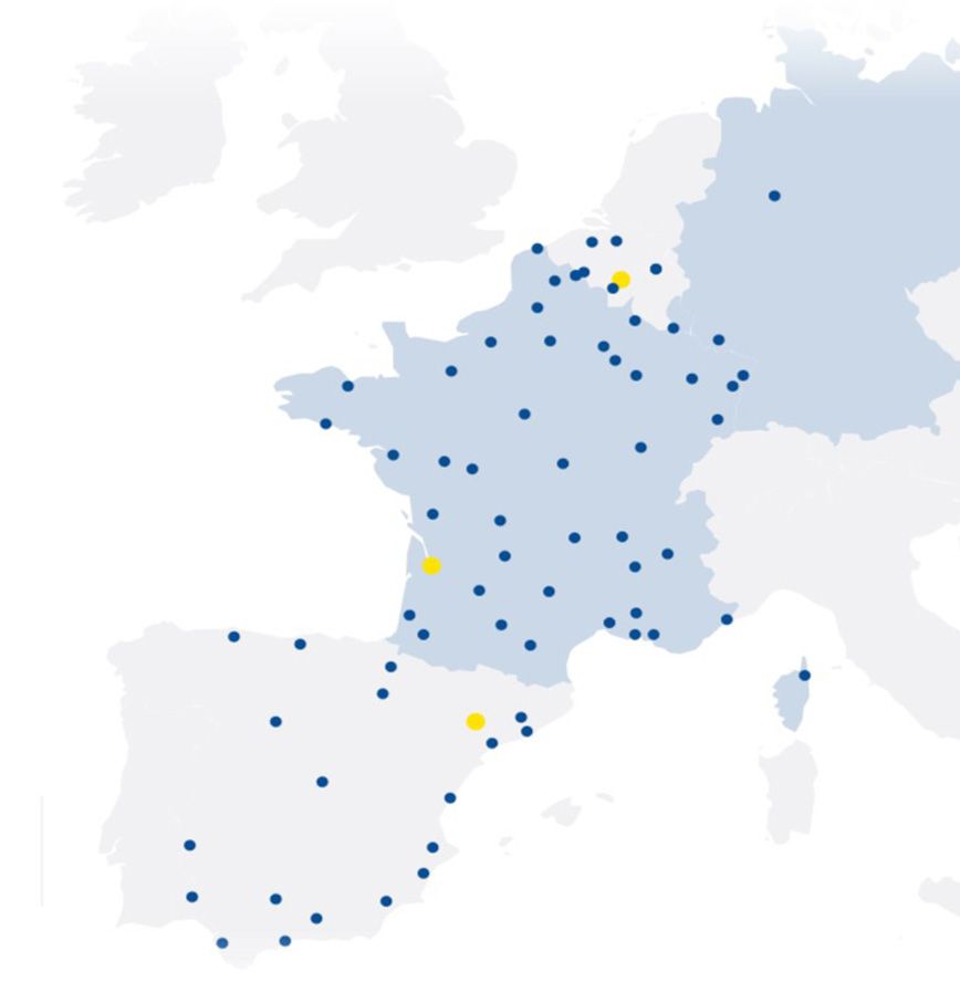 Kaart van West-Europa: vestigingen van het NetCo-netwerk, vooral in Frankrijk en op het Iberisch schiereiland
