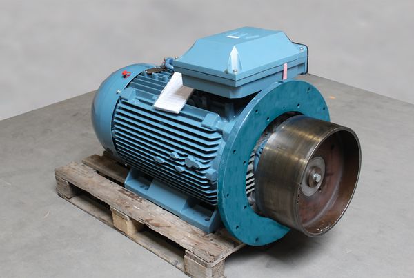 Moteur électrique bleu à bride posé sur une palette, une grande poulie ou un tambour monté sur l'arbre