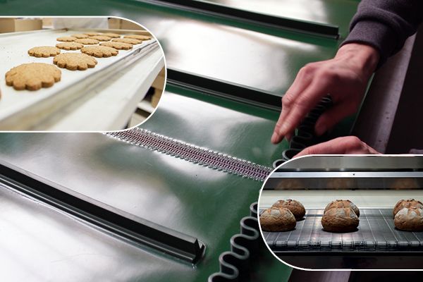 Bande transporteuse PVC-PU verte à profils, avec des biscuits et des pains sur bande en incrustation