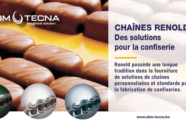 Affiche ABM TECNA : chaînes Renold, des solutions pour la confiserie, chocolats sur tapis et trois chaînes à rouleaux