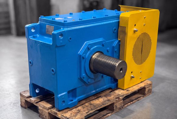 Réducteur Flender H2SH 12 révisé, carter bleu et protecteur de ventilateur jaune, posé sur une palette