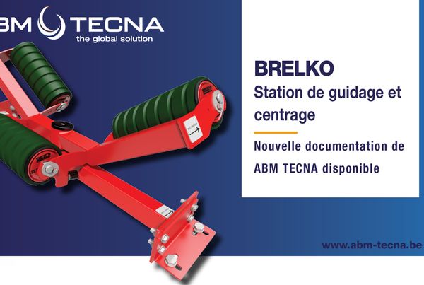 Station de guidage et de centrage de bande Brelko : bras rouges et trois rouleaux verts, documentation ABM TECNA