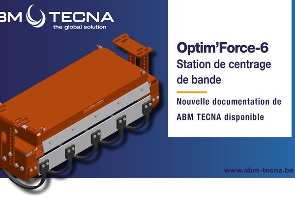 Station de centrage de bande Optim'Force-6 : bloc orange avec lames grises et bras à ressort, documentation ABM TECNA