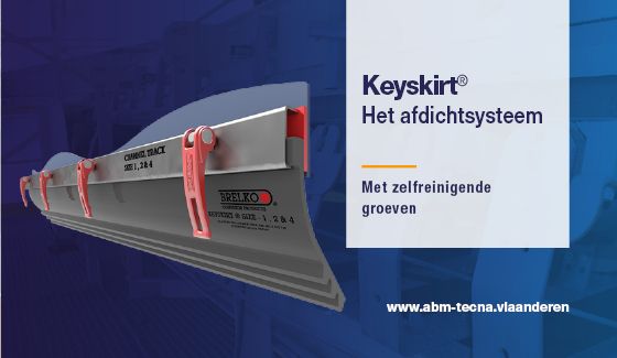 Keyskirt: afdichtsysteem voor transportband met zelfreinigende groeven, bevestigd met rode klemmen