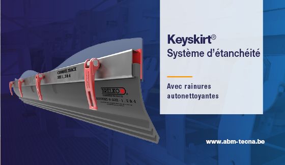 Keyskirt, système d'étanchéité à rainures autonettoyantes pour convoyeur : bavette grise sur rail, fixations rouges