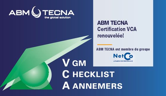 Visuel ABM TECNA : certification VCA renouvelée, VGM Checklist Aannemers, membre du groupe NetCo