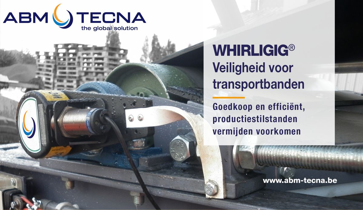 Affiche Whirligig: veiligheid voor transportbanden, inductieve sensor op het lager van een trommel, ABM TECNA-logo