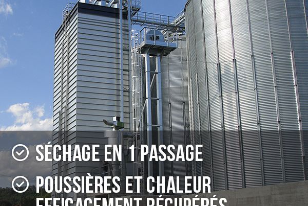 Séchoir à céréales : tour de séchage et silo ondulé, séchage en 1 passage, poussières et chaleur récupérées