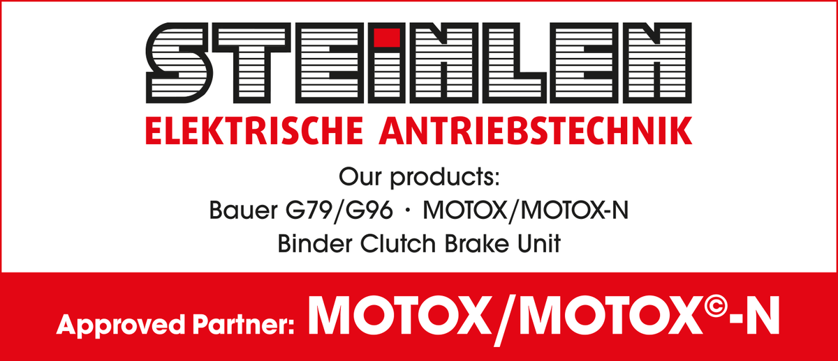 Logo Steinlen Elektrische Antriebstechnik : Approved Partner MOTOX/MOTOX-N, Bauer G79/G96, Binder