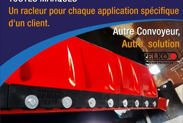 Lames de racleur Brelko rouges et noires boulonnées ; texte : un racleur pour chaque application, autre solution