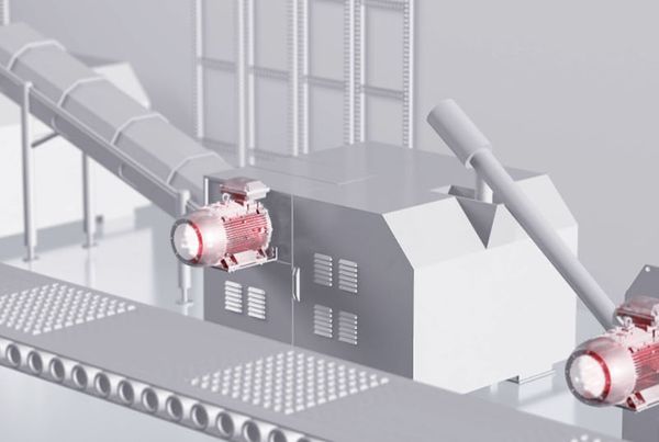 Illustration 3D de convoyeurs et de machines entraînés par des moteurs rouges, sur fond gris
