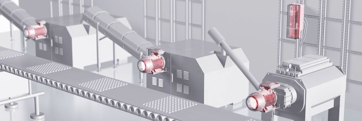 Illustration 3D de convoyeurs et de machines entraînés par des moteurs rouges, sur fond gris
