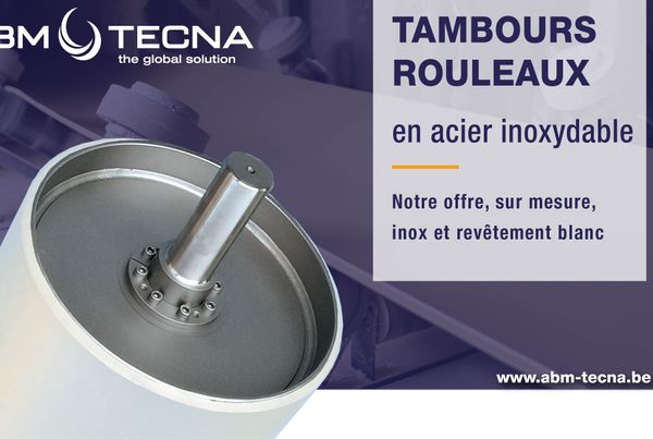 Tambour en inox à revêtement blanc, sur fond de convoyeur ; texte : tambours, rouleaux inox, offre sur mesure