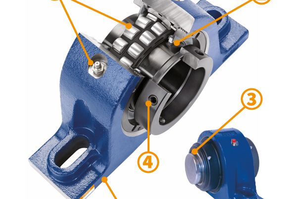 Palier monobloc QM Timken bleu avec ses cinq points repérés : roulements, joints, capuchons, montage, semelle