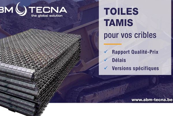 Affiche « Toiles, tamis pour vos cribles » : pile de toiles tissées, logo ABM TECNA, qualité-prix, délais